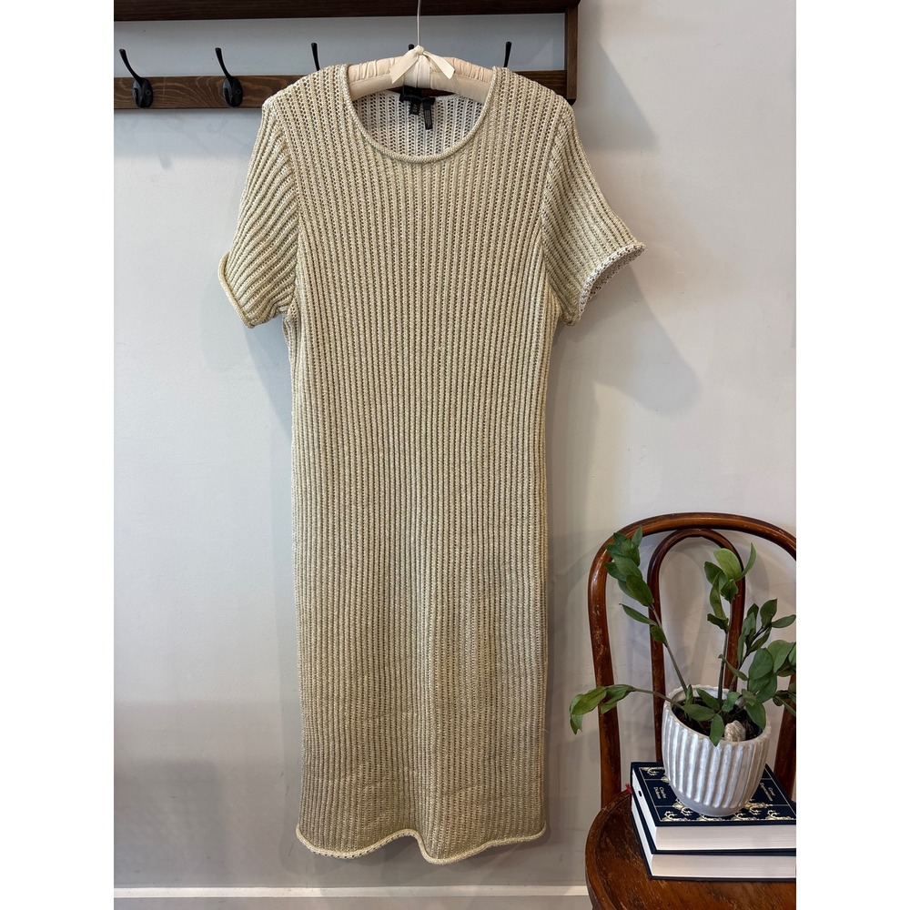 Donna Karan New York Metallic Gold Knit Short Sleeve Sweater Dress